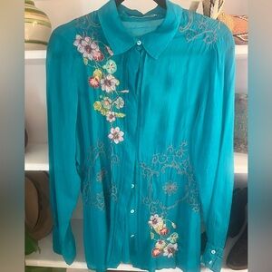 Johnny Was Teal Embroidered Rayon Boho Blouse L Floral Button Front